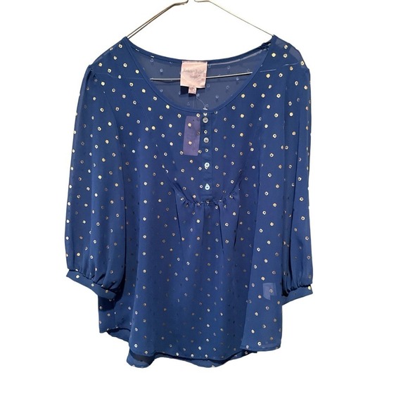 Romeo & Juliet Couture Blouse Women's Medium Gold Polka Dot 3/4 Sleeve Boat Neck - Picture 1 of 6